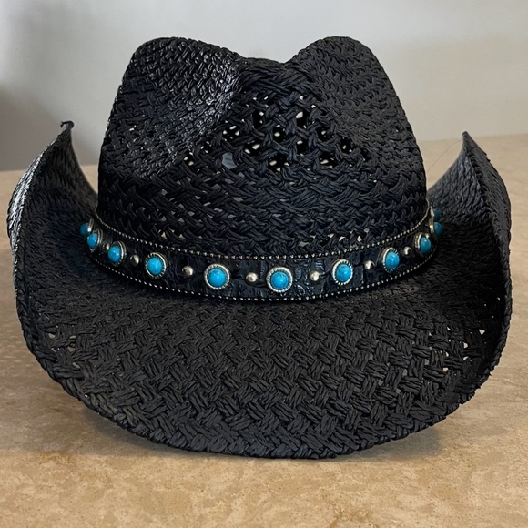 Shyanne Accessories - Shyanne Black Woven Cowboy Hat w/ Faux Turquoise Accents Adjustable OSFM